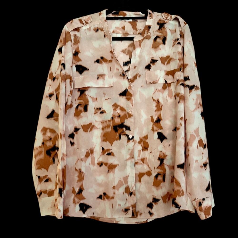 Calvin Klein Dusty Rose Abstract Print Crew Neck Roll Tab Sleeve Blouse